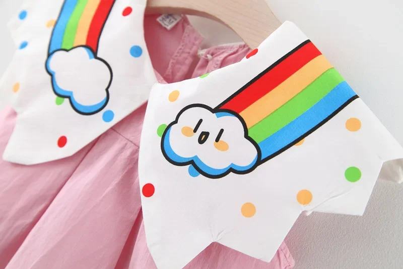 New Children's Clothing Summer Girls Rainbow Cloud Big Flip Collar Contrast Sleeveless Dress Korean Cartoon Dress