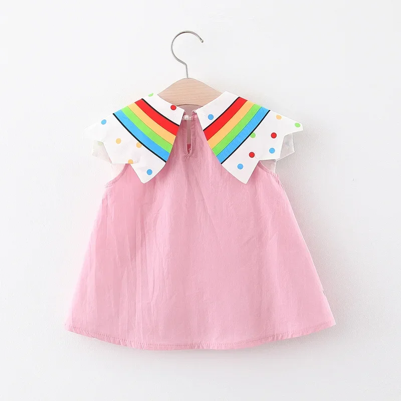 New Children's Clothing Summer Girls Rainbow Cloud Big Flip Collar Contrast Sleeveless Dress Korean Cartoon Dress