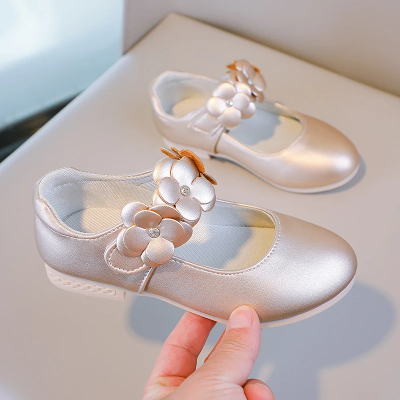 Autumn Girl's Mary Janes Appliques Low Heel Beautiful Kids Princess Shoe Three Colors Pointed Toe Breathable Children Shoe 26-36