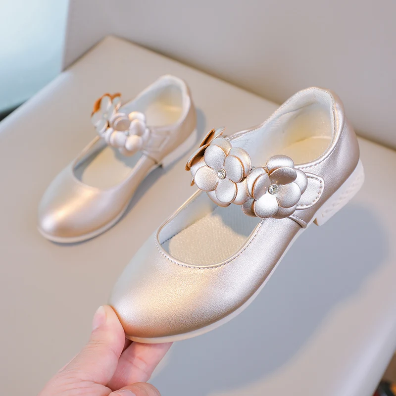 Autumn Girl's Mary Janes Appliques Low Heel Beautiful Kids Princess Shoe Three Colors Pointed Toe Breathable Children Shoe 26-36