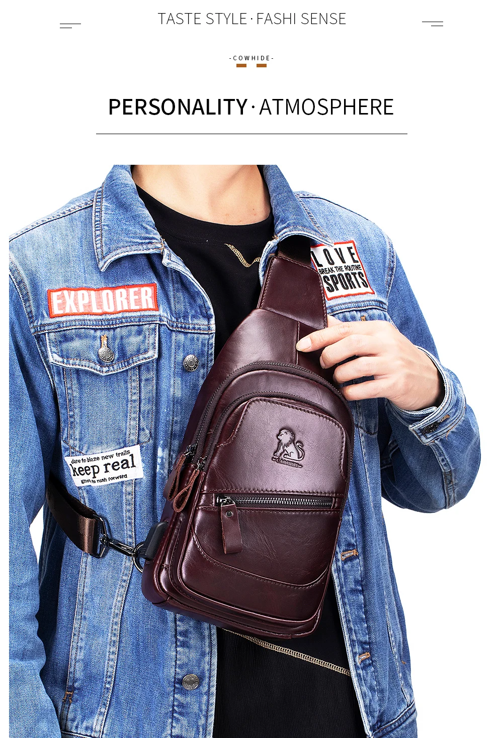 Cowhide chest bag for men's casual men's crossbody bag USB top layer cowhide front shoulder bag