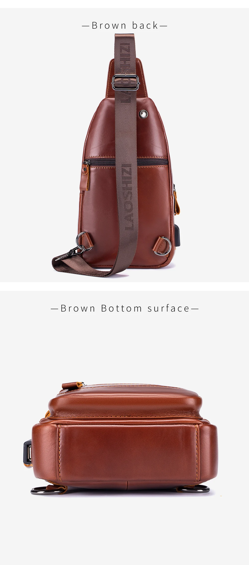 Cowhide chest bag for men's casual men's crossbody bag USB top layer cowhide front shoulder bag