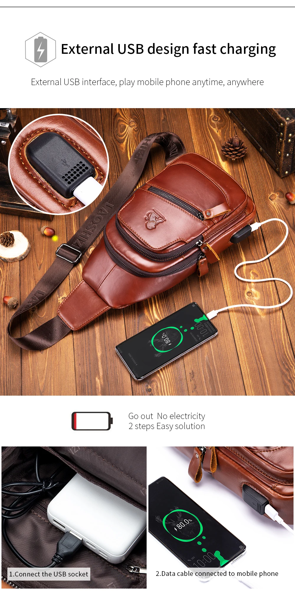 Cowhide chest bag for men's casual men's crossbody bag USB top layer cowhide front shoulder bag