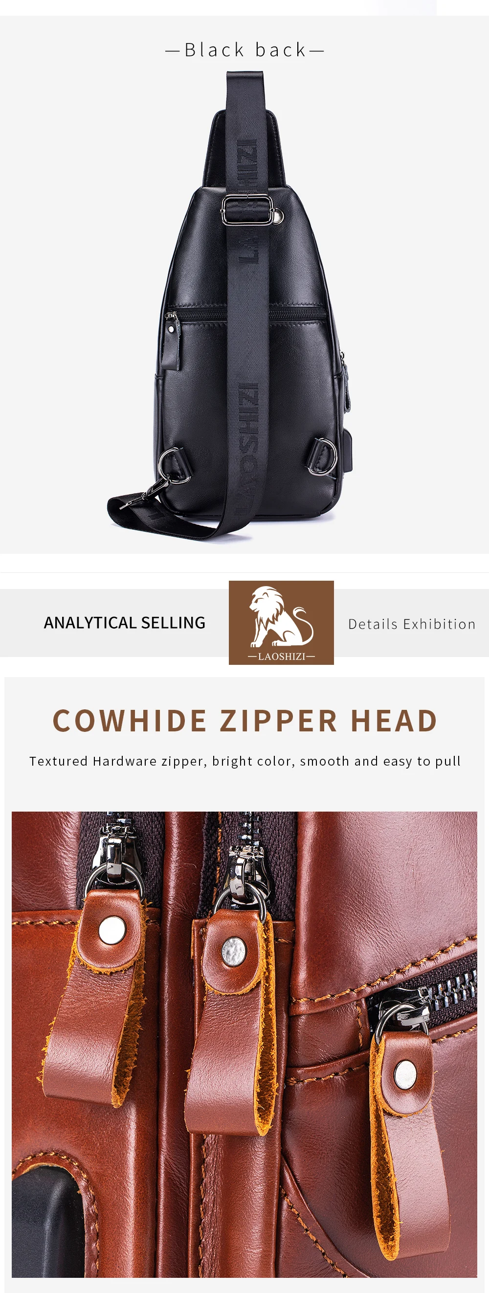 Cowhide chest bag for men's casual men's crossbody bag USB top layer cowhide front shoulder bag