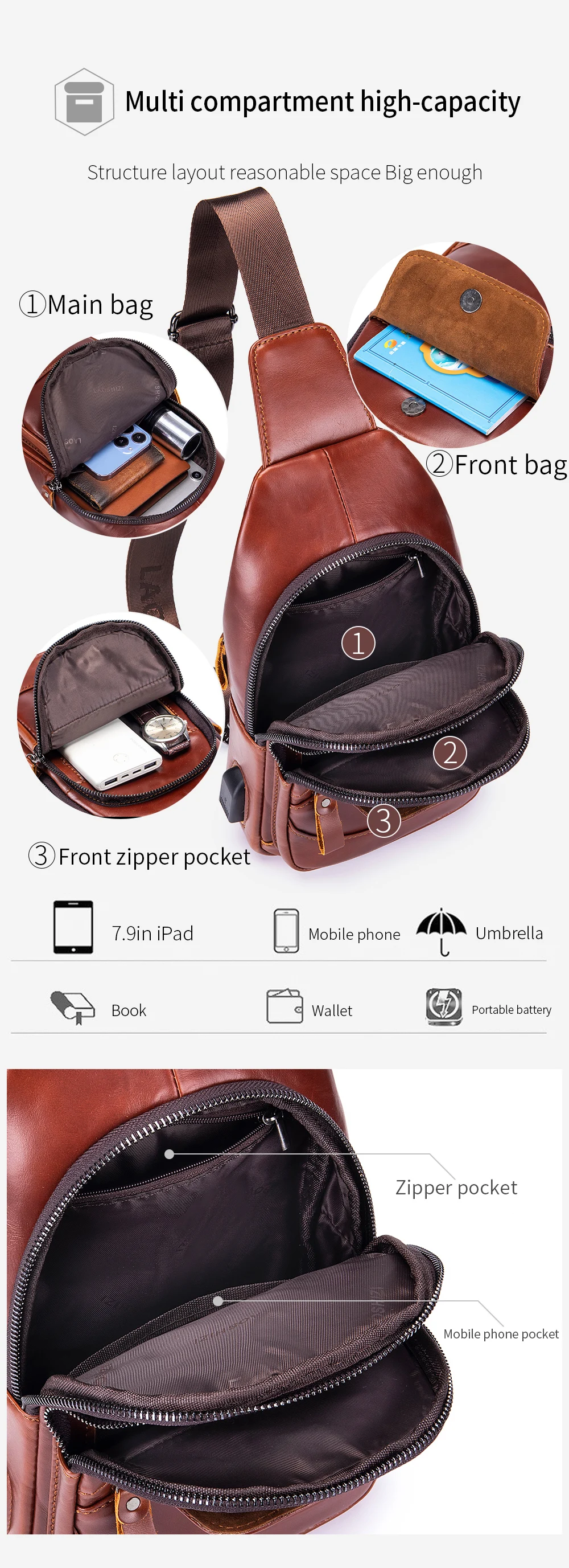 Cowhide chest bag for men's casual men's crossbody bag USB top layer cowhide front shoulder bag