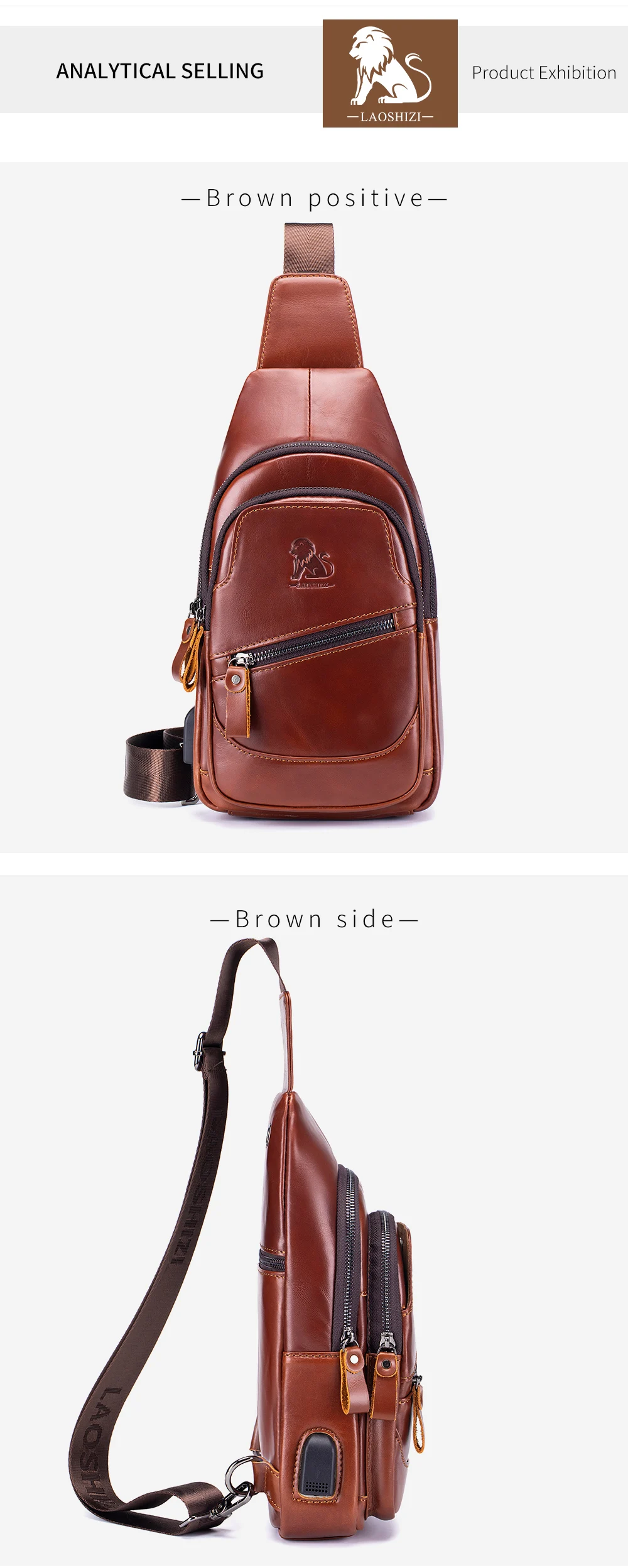 Cowhide chest bag for men's casual men's crossbody bag USB top layer cowhide front shoulder bag