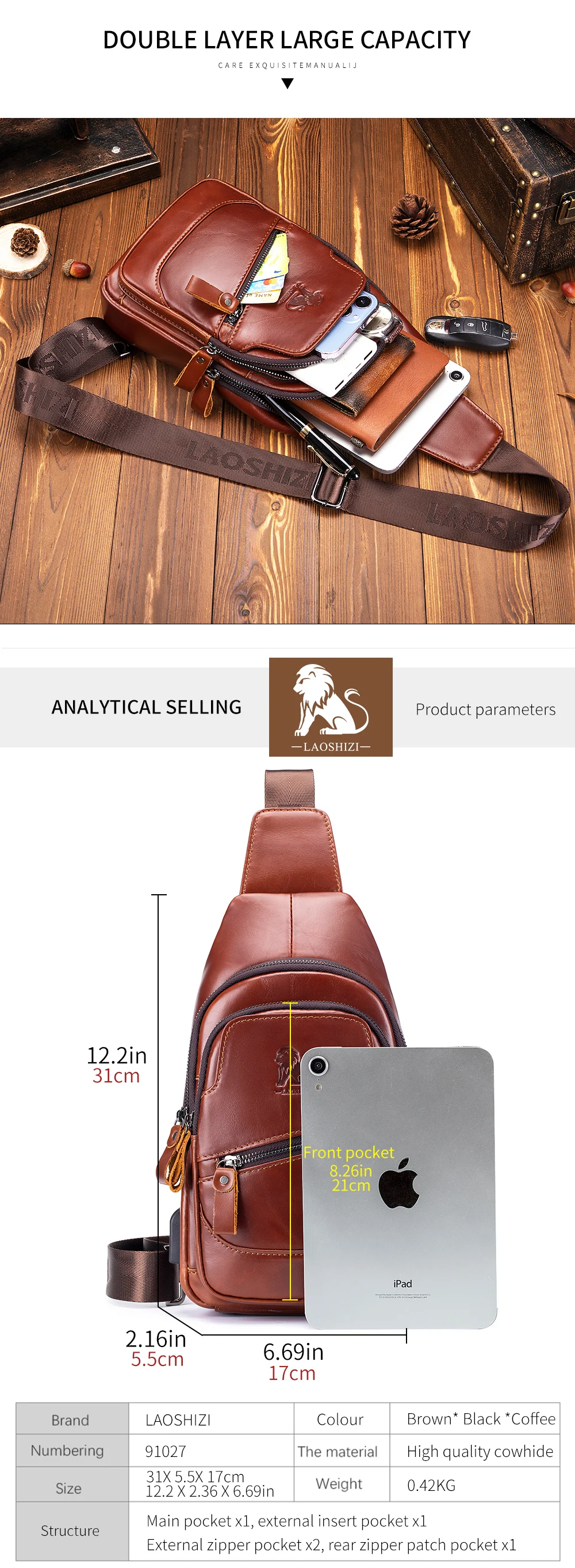 Cowhide chest bag for men's casual men's crossbody bag USB top layer cowhide front shoulder bag
