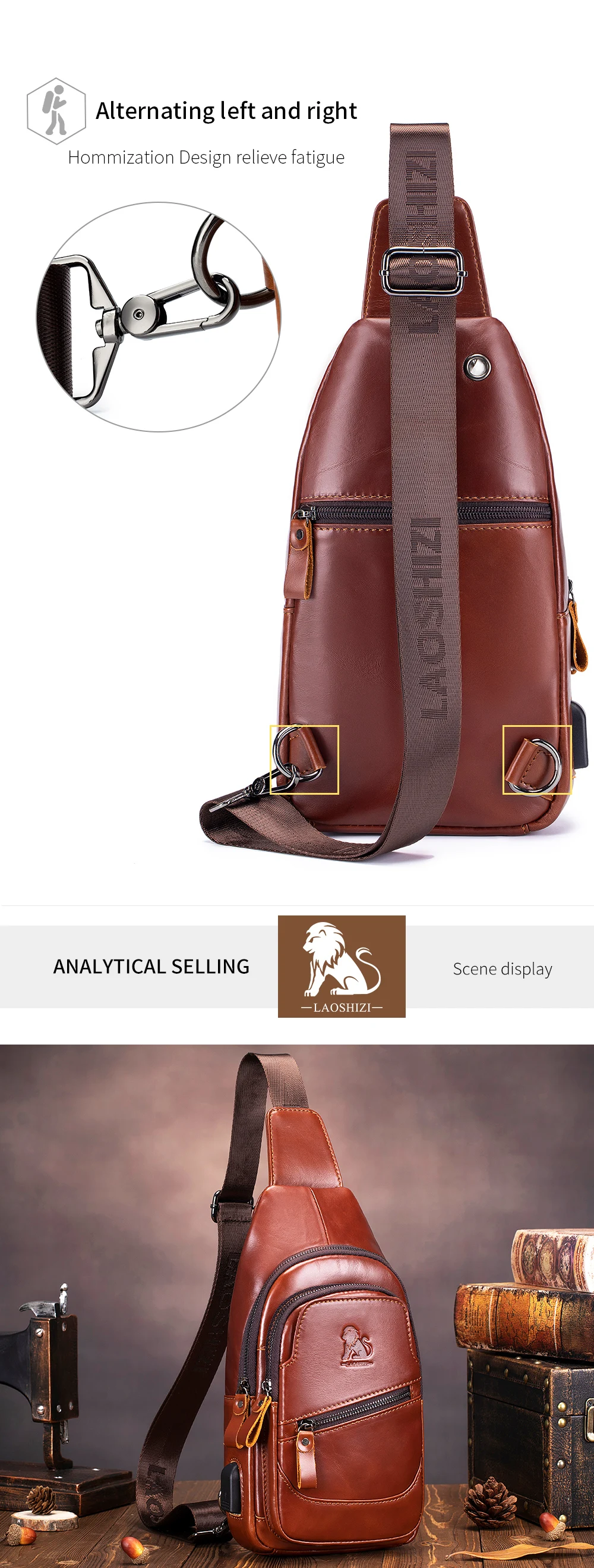Cowhide chest bag for men's casual men's crossbody bag USB top layer cowhide front shoulder bag