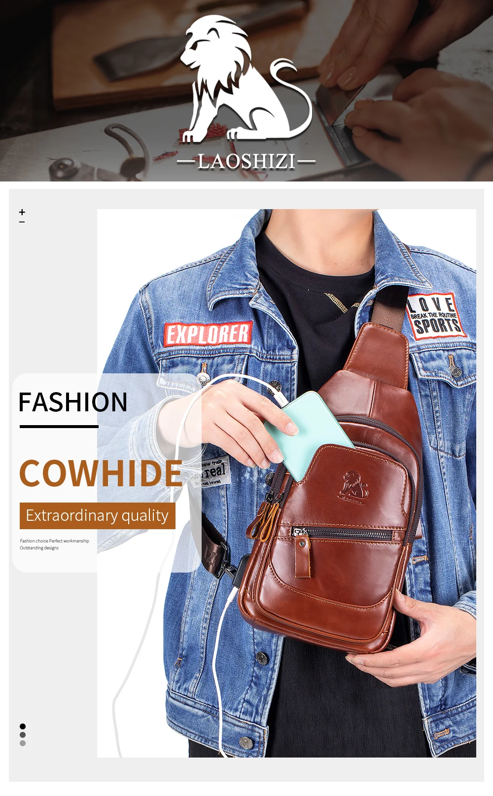 Cowhide chest bag for men's casual men's crossbody bag USB top layer cowhide front shoulder bag