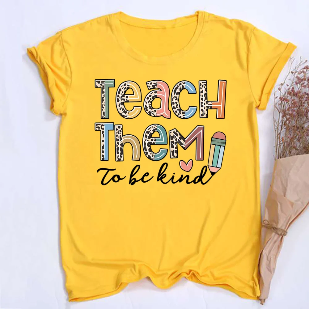Teach Them Be Kind Teacher Shirts Women Funny Teach Printed Graphic Tshirt Short Sleeve T-Shirt Blouse Teacher Gifts Tops Tee