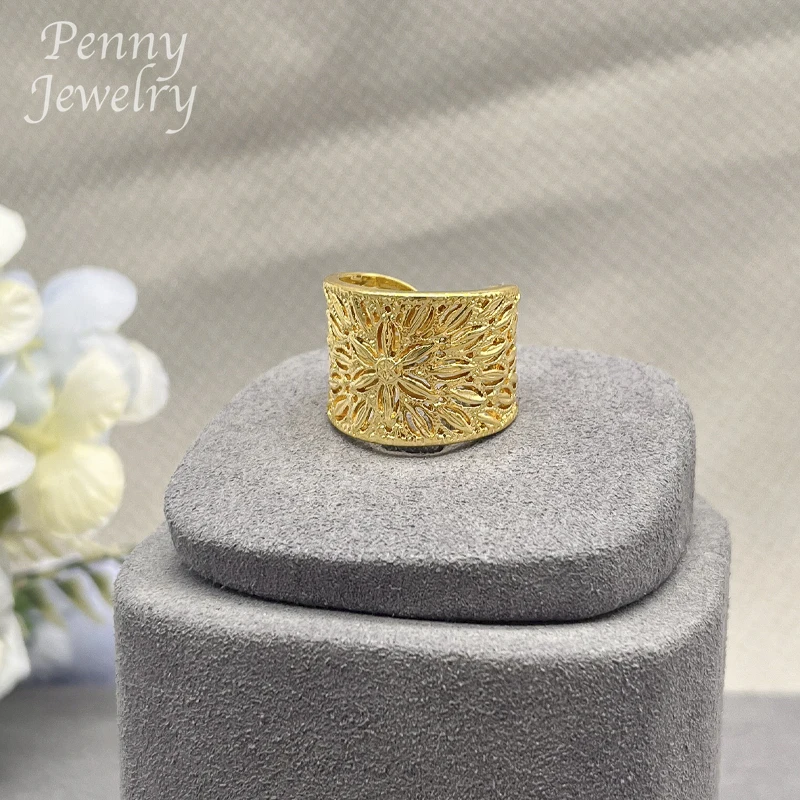 Vintage Hollow 18K Gold Plated Jewelry Set for Women Luxury Copper Bracelet Ring African Bridal Wedding Party Accessories Gifts