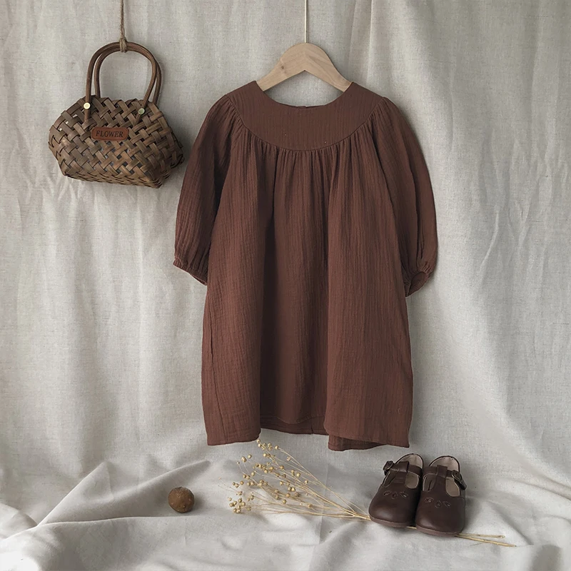French Round Neck Pleated Cotton Crepe Muslin Dress Girls 2026 Autumn New Casual Loose Retro Brown Children's Dresses