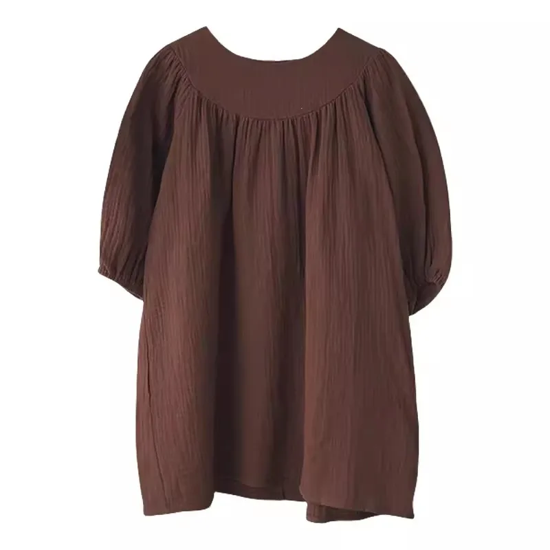 French Round Neck Pleated Cotton Crepe Muslin Dress Girls 2026 Autumn New Casual Loose Retro Brown Children's Dresses