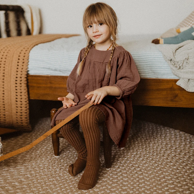 French Round Neck Pleated Cotton Crepe Muslin Dress Girls 2026 Autumn New Casual Loose Retro Brown Children's Dresses