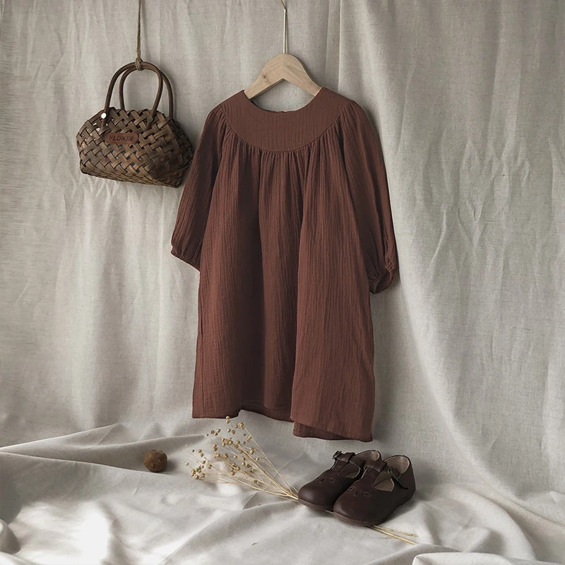 French Round Neck Pleated Cotton Crepe Muslin Dress Girls 2026 Autumn New Casual Loose Retro Brown Children's Dresses