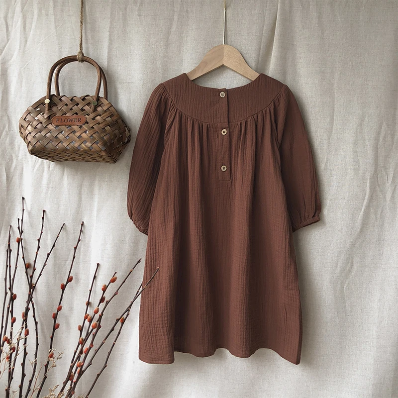 French Round Neck Pleated Cotton Crepe Muslin Dress Girls 2026 Autumn New Casual Loose Retro Brown Children's Dresses