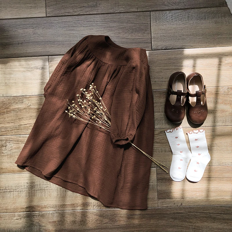 French Round Neck Pleated Cotton Crepe Muslin Dress Girls 2026 Autumn New Casual Loose Retro Brown Children's Dresses