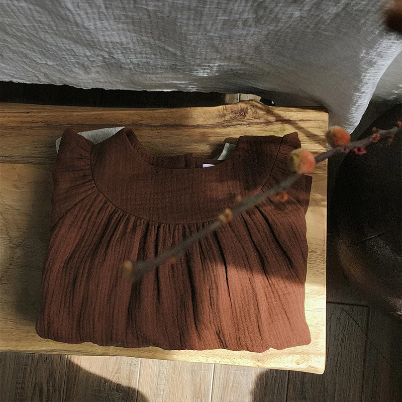 French Round Neck Pleated Cotton Crepe Muslin Dress Girls 2026 Autumn New Casual Loose Retro Brown Children's Dresses