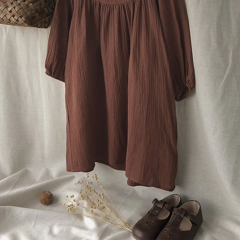 French Round Neck Pleated Cotton Crepe Muslin Dress Girls 2026 Autumn New Casual Loose Retro Brown Children's Dresses