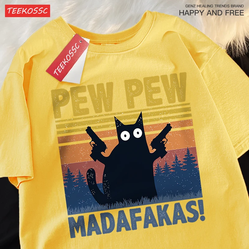 Pew Pew Madafakas Double Gun Cat Short Sleeve Oversized Breathable T Shirts Cotton Summer Clothing Street Casual Tshirt Men