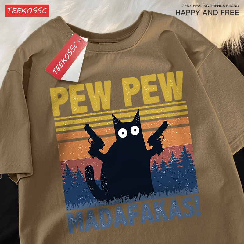 Pew Pew Madafakas Double Gun Cat Short Sleeve Oversized Breathable T Shirts Cotton Summer Clothing Street Casual Tshirt Men