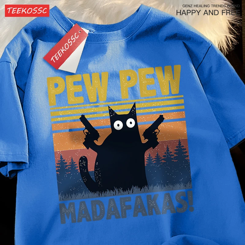 Pew Pew Madafakas Double Gun Cat Short Sleeve Oversized Breathable T Shirts Cotton Summer Clothing Street Casual Tshirt Men