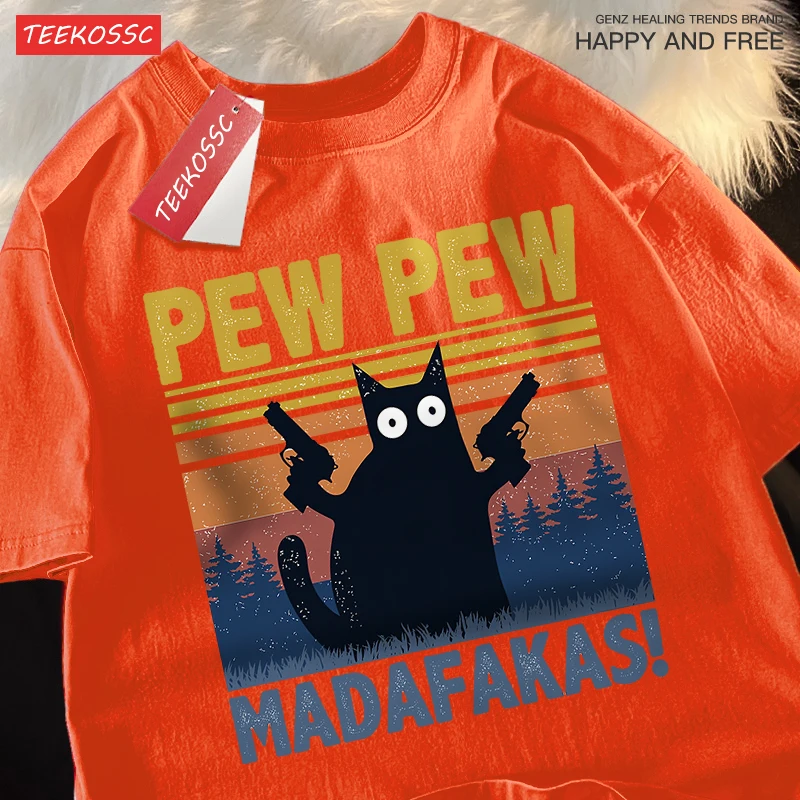 Pew Pew Madafakas Double Gun Cat Short Sleeve Oversized Breathable T Shirts Cotton Summer Clothing Street Casual Tshirt Men