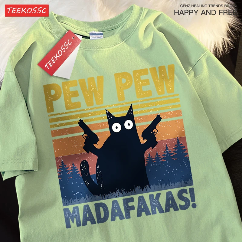 Pew Pew Madafakas Double Gun Cat Short Sleeve Oversized Breathable T Shirts Cotton Summer Clothing Street Casual Tshirt Men