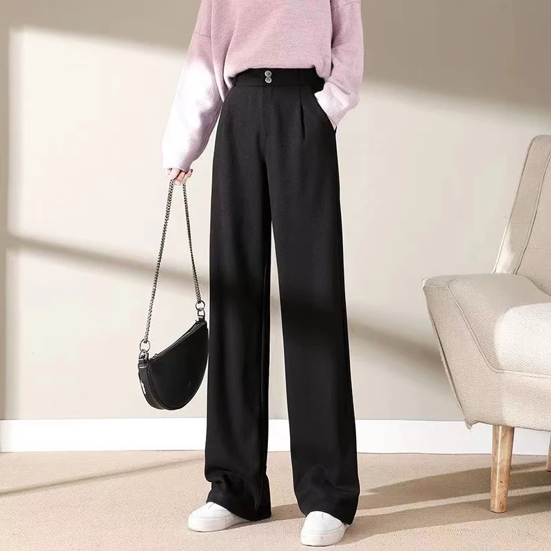 2024 Autumn Winter Women Concise Woolen Pants Lady Wide Leg Designer Outside Trousers Female Thicken High Waisted Draping Pants