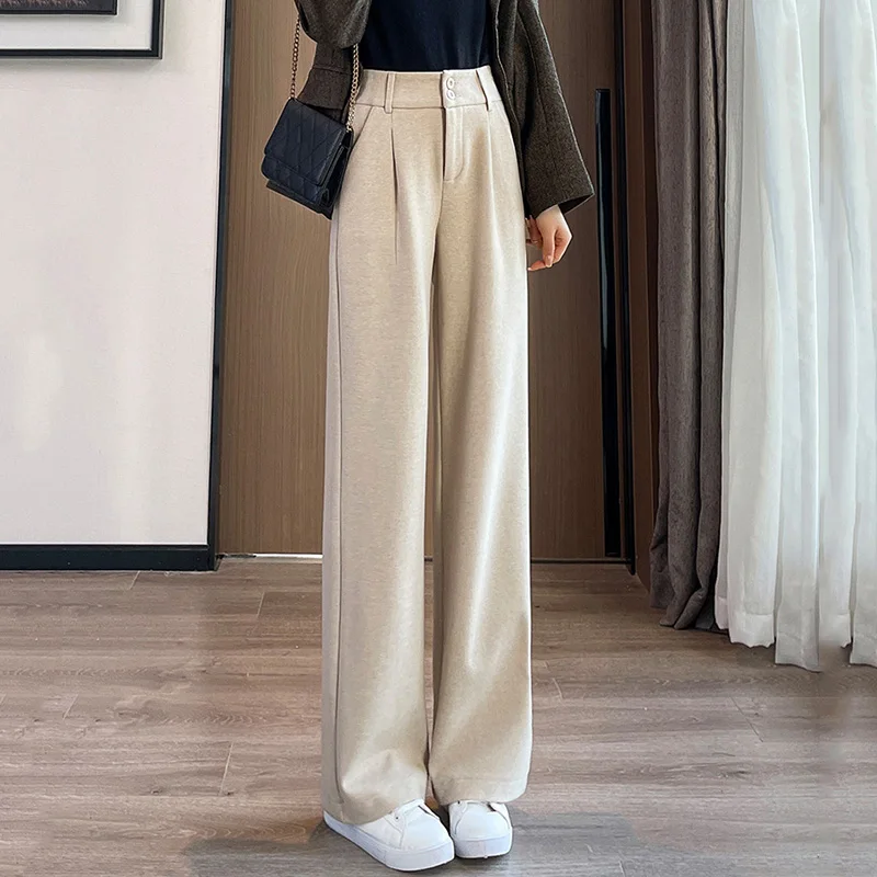 2024 Autumn Winter Women Concise Woolen Pants Lady Wide Leg Designer Outside Trousers Female Thicken High Waisted Draping Pants