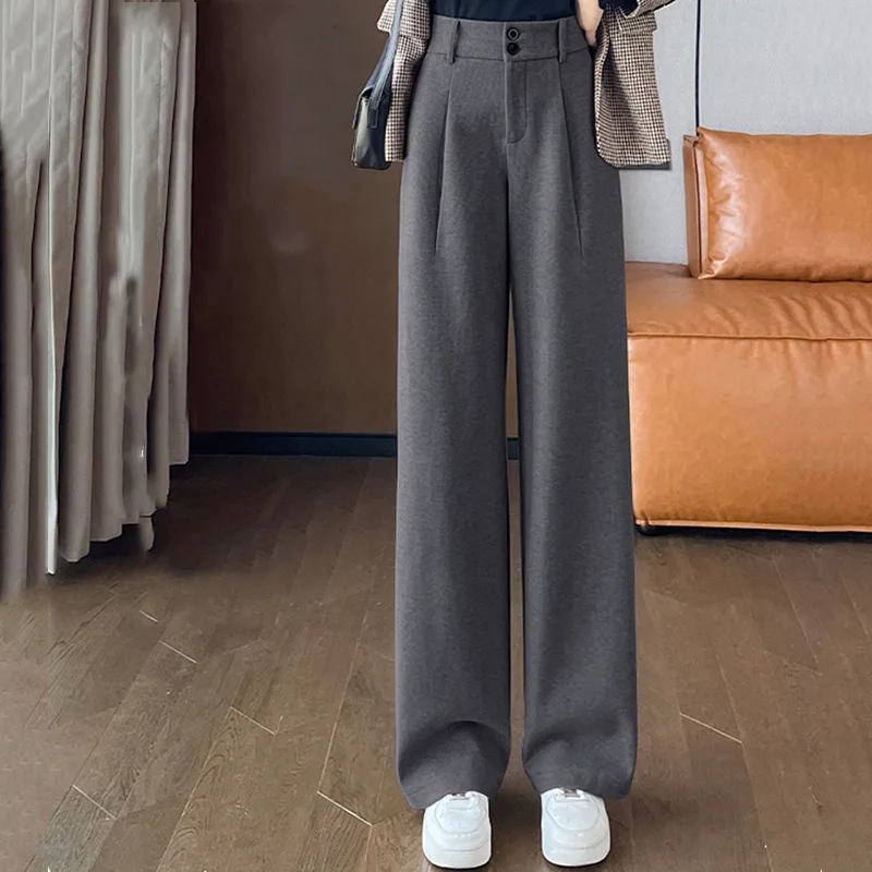 2024 Autumn Winter Women Concise Woolen Pants Lady Wide Leg Designer Outside Trousers Female Thicken High Waisted Draping Pants