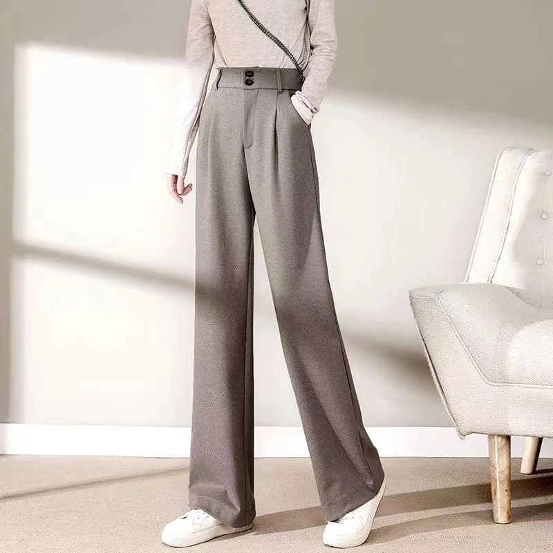 2024 Autumn Winter Women Concise Woolen Pants Lady Wide Leg Designer Outside Trousers Female Thicken High Waisted Draping Pants