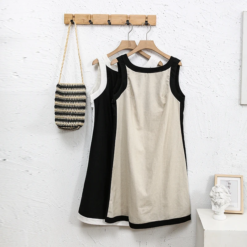 Chic Patchwork Sleeveless Linen Dress Women's 2026 Summer New Casual Loose Holiday Backless Mini Dresses Vestidos