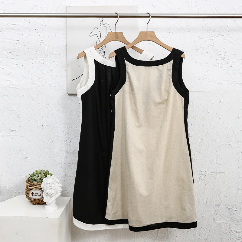 Chic Patchwork Sleeveless Linen Dress Women's 2026 Summer New Casual Loose Holiday Backless Mini Dresses Vestidos