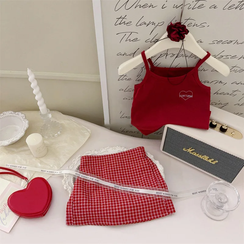 Summer Kids Boutique Clothes Baby Girls Cute Red Heart Embroidery Suspenders + Plaid Skirt 2 Piece Sets Kawaii Outfit Set 2-8y