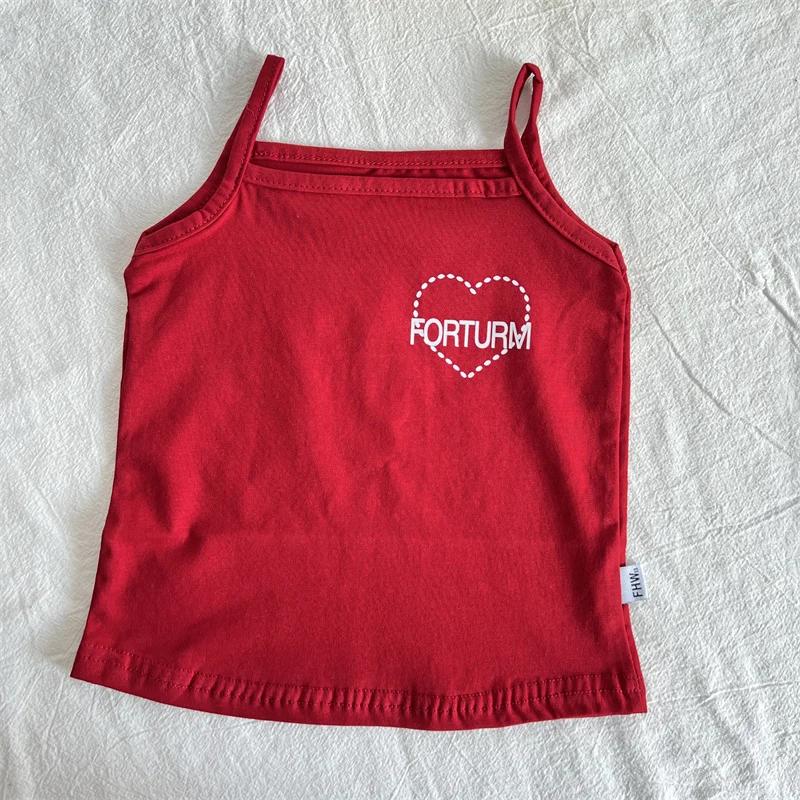 Summer Kids Boutique Clothes Baby Girls Cute Red Heart Embroidery Suspenders + Plaid Skirt 2 Piece Sets Kawaii Outfit Set 2-8y