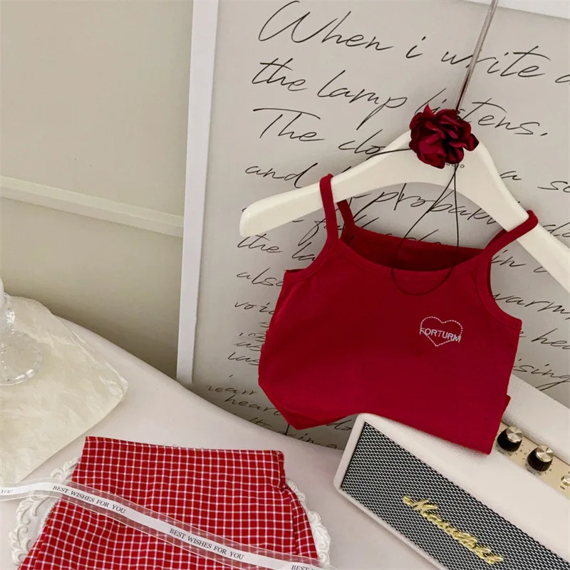 Summer Kids Boutique Clothes Baby Girls Cute Red Heart Embroidery Suspenders + Plaid Skirt 2 Piece Sets Kawaii Outfit Set 2-8y