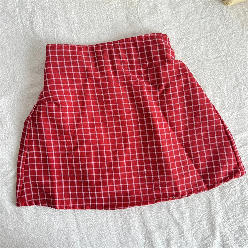 Summer Kids Boutique Clothes Baby Girls Cute Red Heart Embroidery Suspenders + Plaid Skirt 2 Piece Sets Kawaii Outfit Set 2-8y