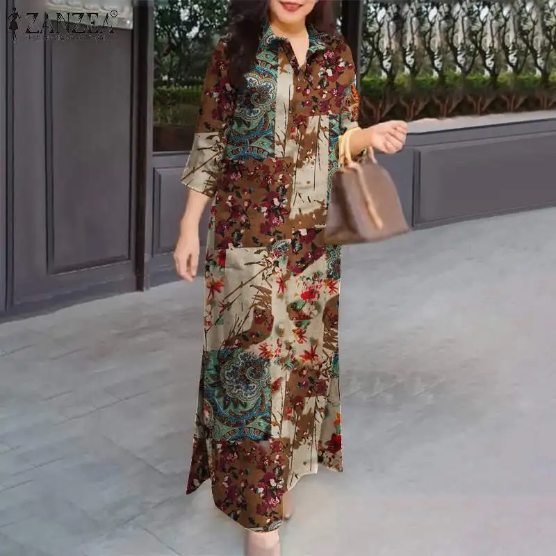 ZANZEA Women Fasihon Shirtdress Lapel Oversized 2024 Autumn Cotton Maxi Sundress Vintage Floral Print 3/4 Sleeve Long Dresses