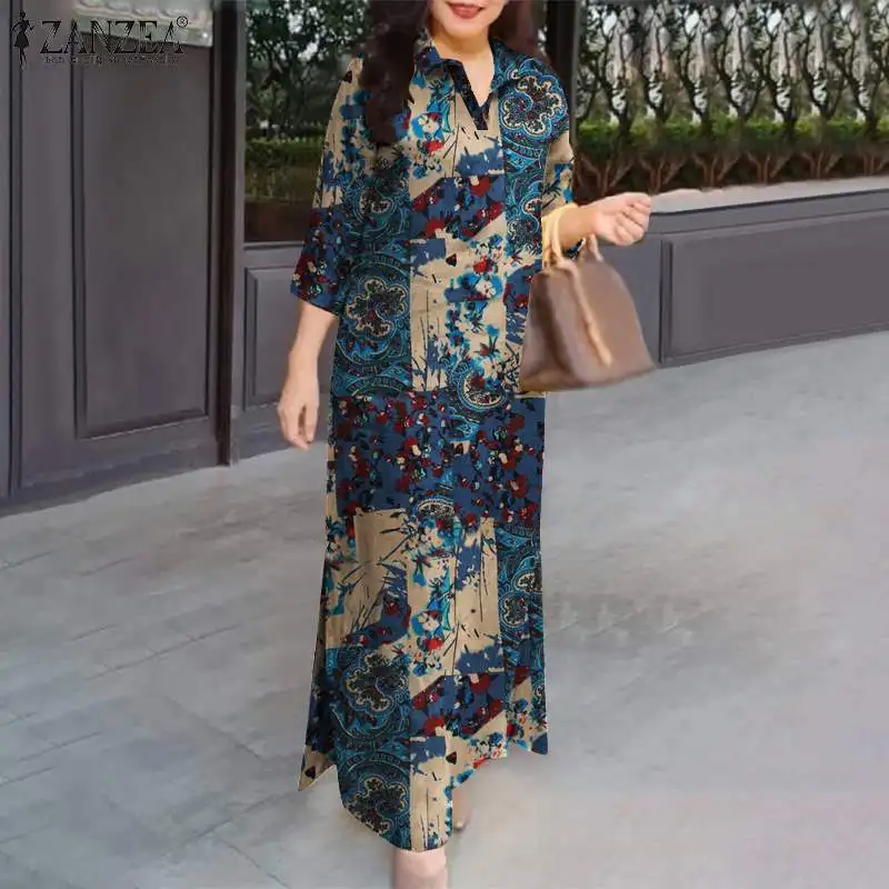 ZANZEA Women Fasihon Shirtdress Lapel Oversized 2024 Autumn Cotton Maxi Sundress Vintage Floral Print 3/4 Sleeve Long Dresses