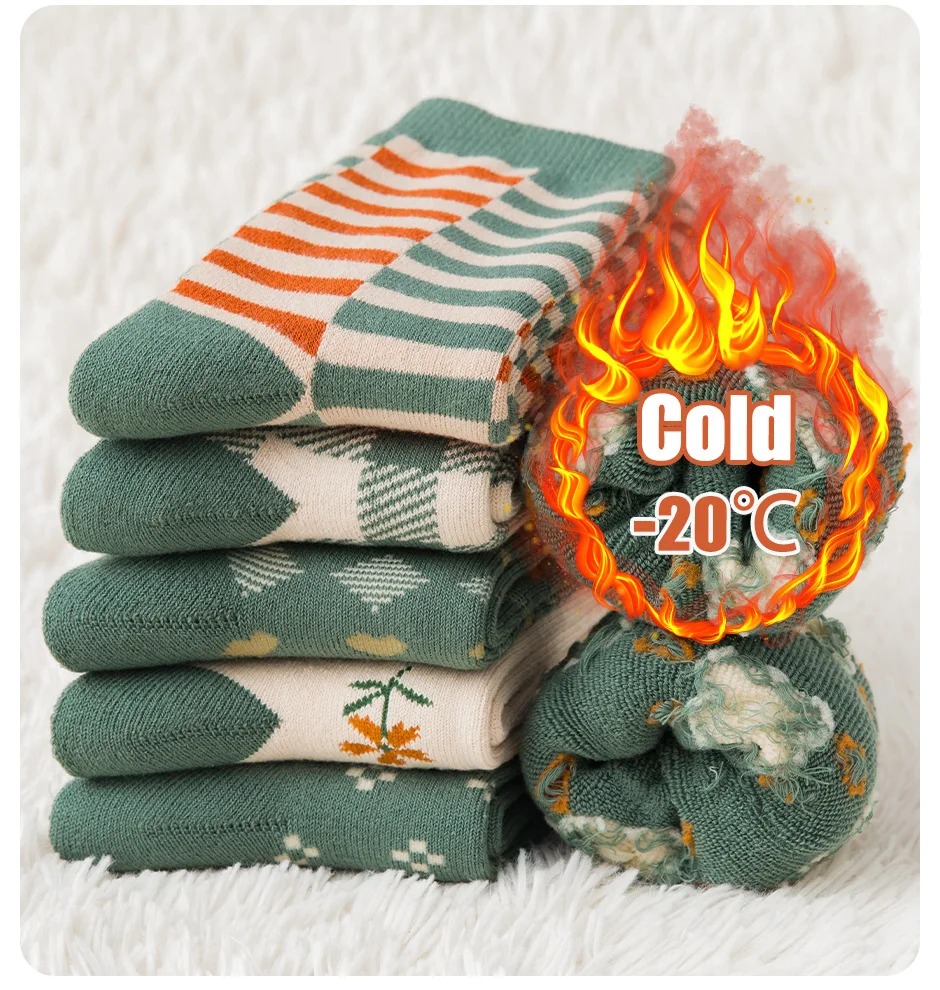 6 Pairs of Women's Autumn and Winter Cartoon Cute Flower Checkered Striped Sweet College Style Thick and Warm Looped Socks