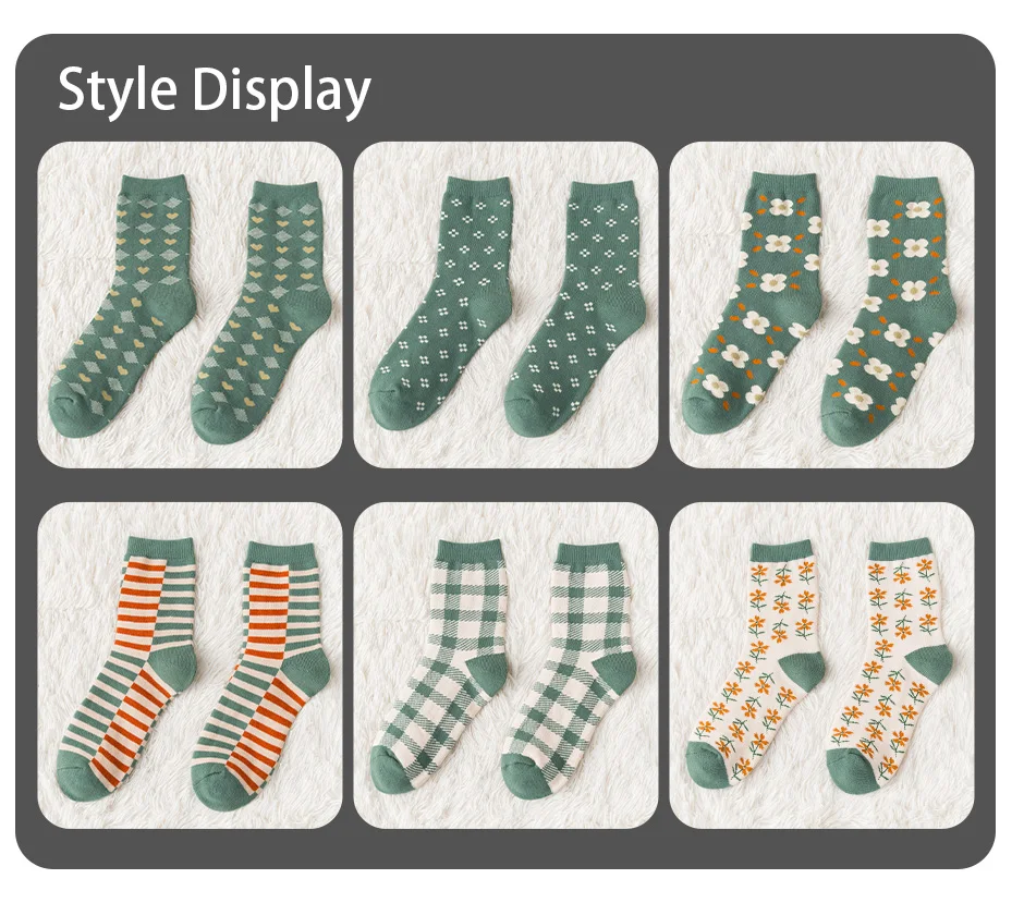 6 Pairs of Women's Autumn and Winter Cartoon Cute Flower Checkered Striped Sweet College Style Thick and Warm Looped Socks