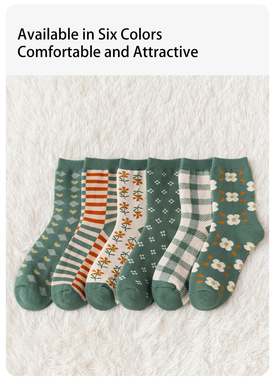 6 Pairs of Women's Autumn and Winter Cartoon Cute Flower Checkered Striped Sweet College Style Thick and Warm Looped Socks