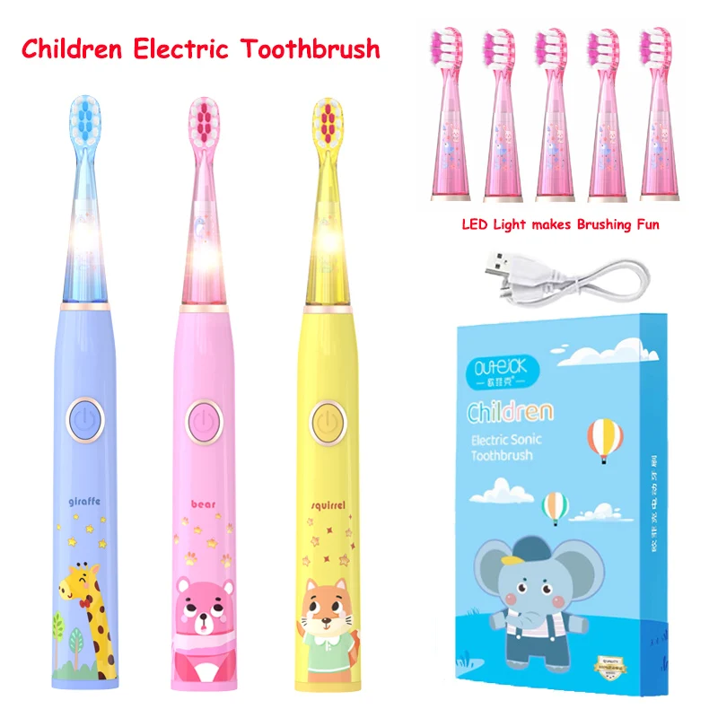 Kids Sonic Electric Toothbrush Cartoon with Colorful LED Light IPX7 Waterproof Overall Clean Teeth Rechargeable Care Toothbrush