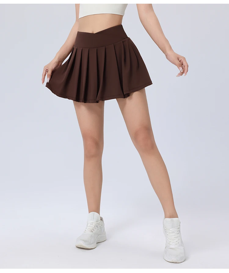 Women Girls Stretchy Compression Quick Dry Sports Wear V Cut Pleated Tennis Skorts
