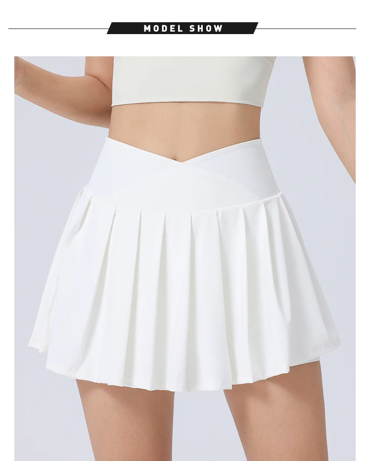 Women Girls Stretchy Compression Quick Dry Sports Wear V Cut Pleated Tennis Skorts