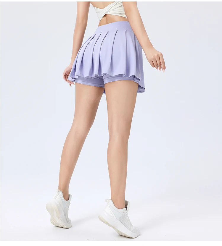 Women Girls Stretchy Compression Quick Dry Sports Wear V Cut Pleated Tennis Skorts