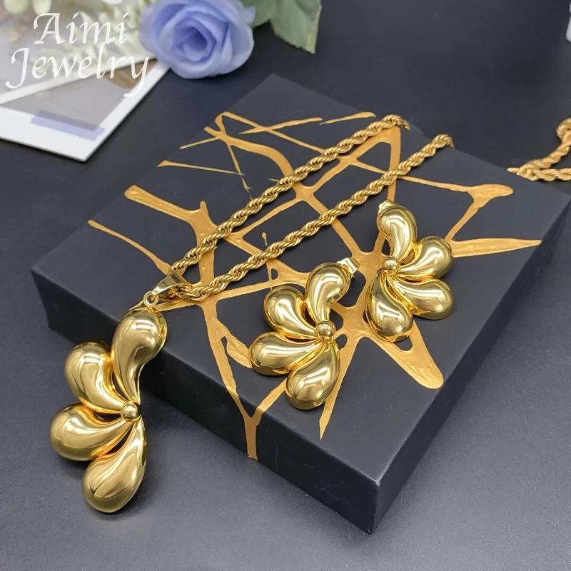 Italian Simple 18K Gold Plated Jewelry Set for Women Exquisite Chunky Hoop Earrings Necklace Dubai Bridal Wedding Party Gifts