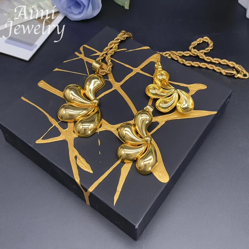 Italian Simple 18K Gold Plated Jewelry Set for Women Exquisite Chunky Hoop Earrings Necklace Dubai Bridal Wedding Party Gifts