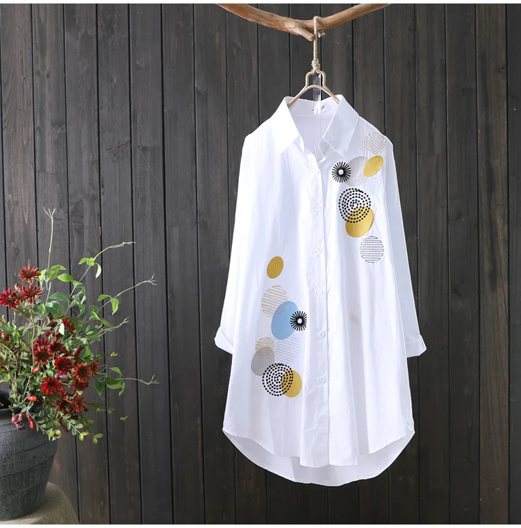 Women Embroidery Loose Long White Shirts 2024 Spring Autumn New Casual Office Lady Blouse Female Top Oversize Blouse